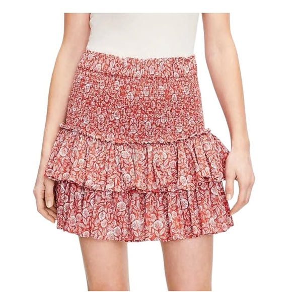 LOFT Palm-Printed Cotton Smocked Tiered Mini Skirt in Rich Chestnut. Size Small. - Picture 1 of 11